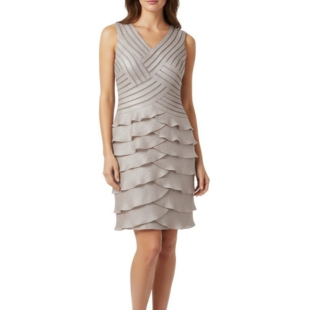 Adrianna Papell Tiered Sheath Dress Sleeveless Taupe Size 6